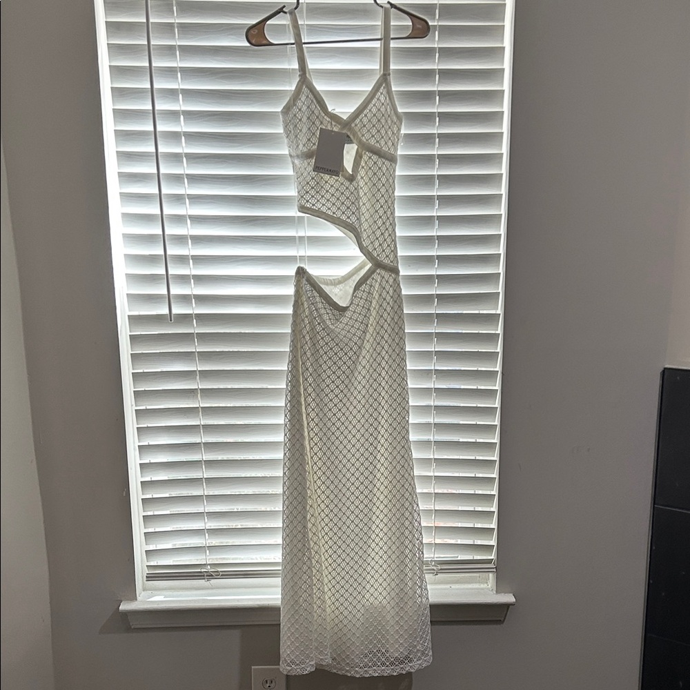 Peppermayo White Asymmetrical Mesh Dress